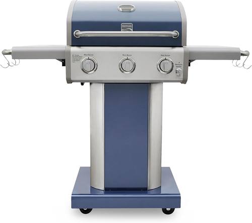 Kenmore 3-Burner Propane BBQ Grill, 30,000 BTUs Gas Grill with Cast Iron Cooking Grates, Folding Side Tables & Wheels, Outdoor Grill with Tool Hooks, Azure Blue