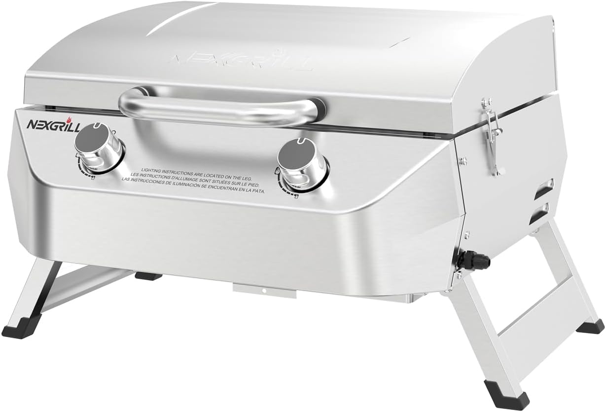 Nexgrill Tabletop 2 Burner Gas Grill, Stainless Steel with Folding Legs