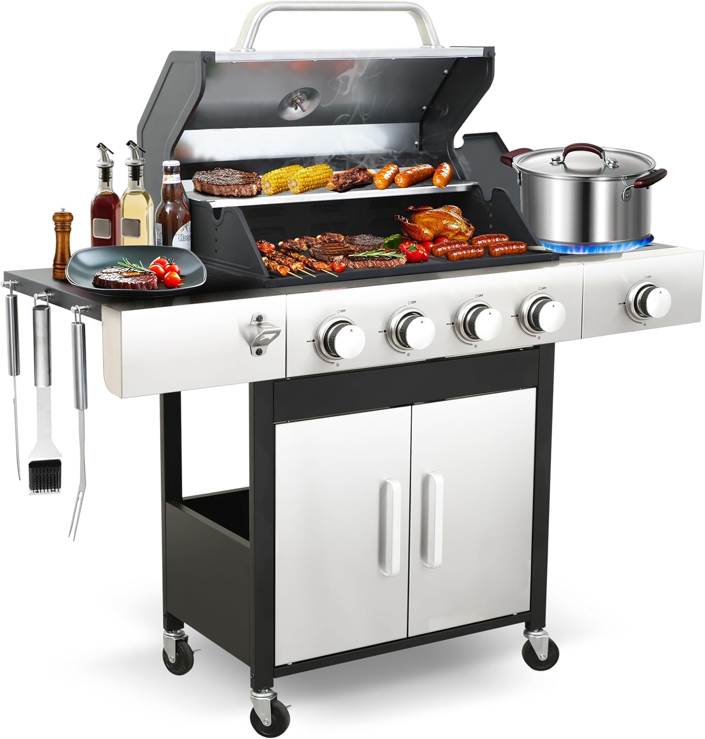 49000 BTU Propane Gas Grill, 4 Burner + Side Burner, Cast Iron Grids