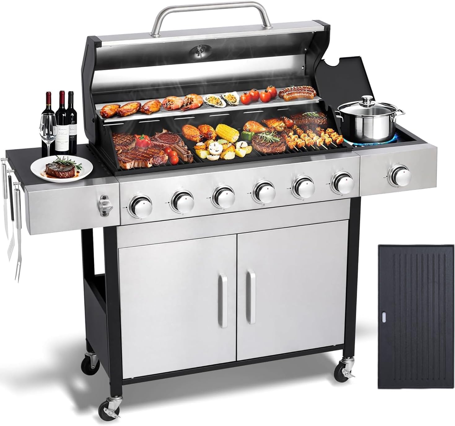 6 Burner Propane Gas Grill with Side Burner, Cast Iron Grates &amp; Griddle Combo, Large Cabinet BBQ with Warming Rack for Backyard Patio, 620 SQ. IN. Cooking Area