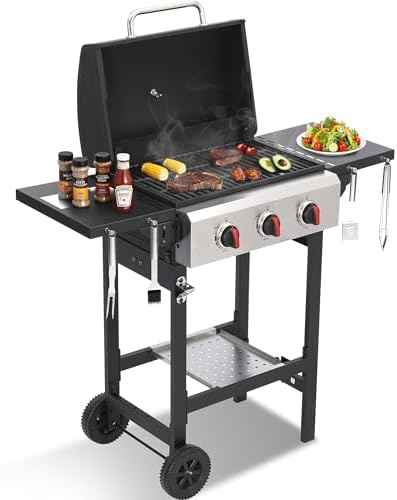 3-Burner Propane Gas Grill with Cast Iron Grates, 38200 BTU output,Foldable Side Shelves for Portable Outdoor Patio Camping, Black (3 Burner)