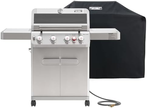 Monument Grills 4+1 Burner Natural Gas Grill with Natural Gas Hose, 50,000 BTU Stainless Steel Outdoor Patio Barbecue Grill, Broil Zone Fast Heating, Knob Lights, and Easy Cleanup, M415BZNG