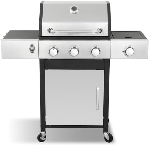LMNOCHM 3-Burner Propane Gas Grill with Side Burner, 39,000 BTU | Cast Iron Grates, Double-Wall Insulated Lid, Outdoor Barbecue for Backyard, Patio, Deck : Patio, Lawn & Garden