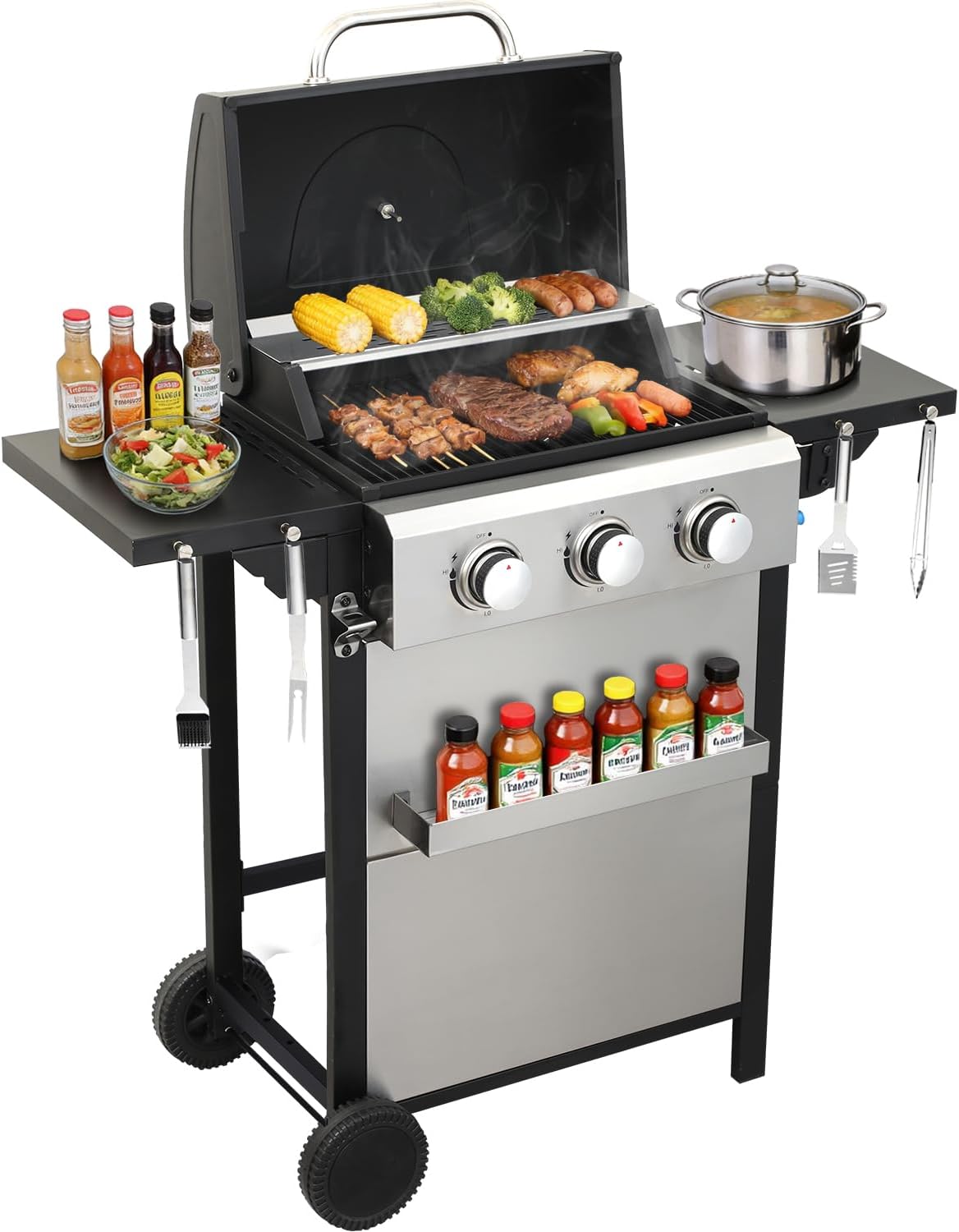 3 Burner Propane Gas Grill, 30,000 BTU Stainless Steel Outdoor BBQ Grill with 322 Sq. In. Cooking Area &amp; 2 Foldable Side Shelves, Patio Cookout Essentials for Backyard