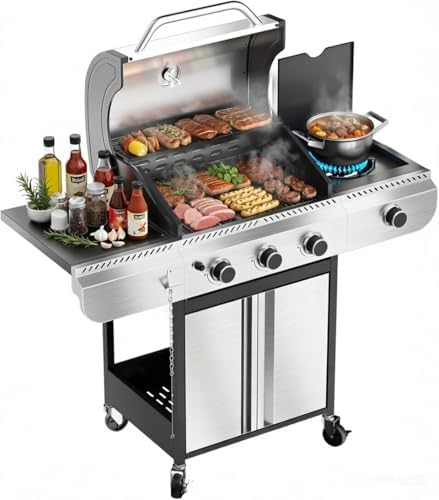 3-Burner Propane Gas Grill with Side Burner, 34,000 BTU Stainless Steel BBQ Grill, Heavy-Duty Porcelain-Enameled Grates for Patio and Outdoor Cooking