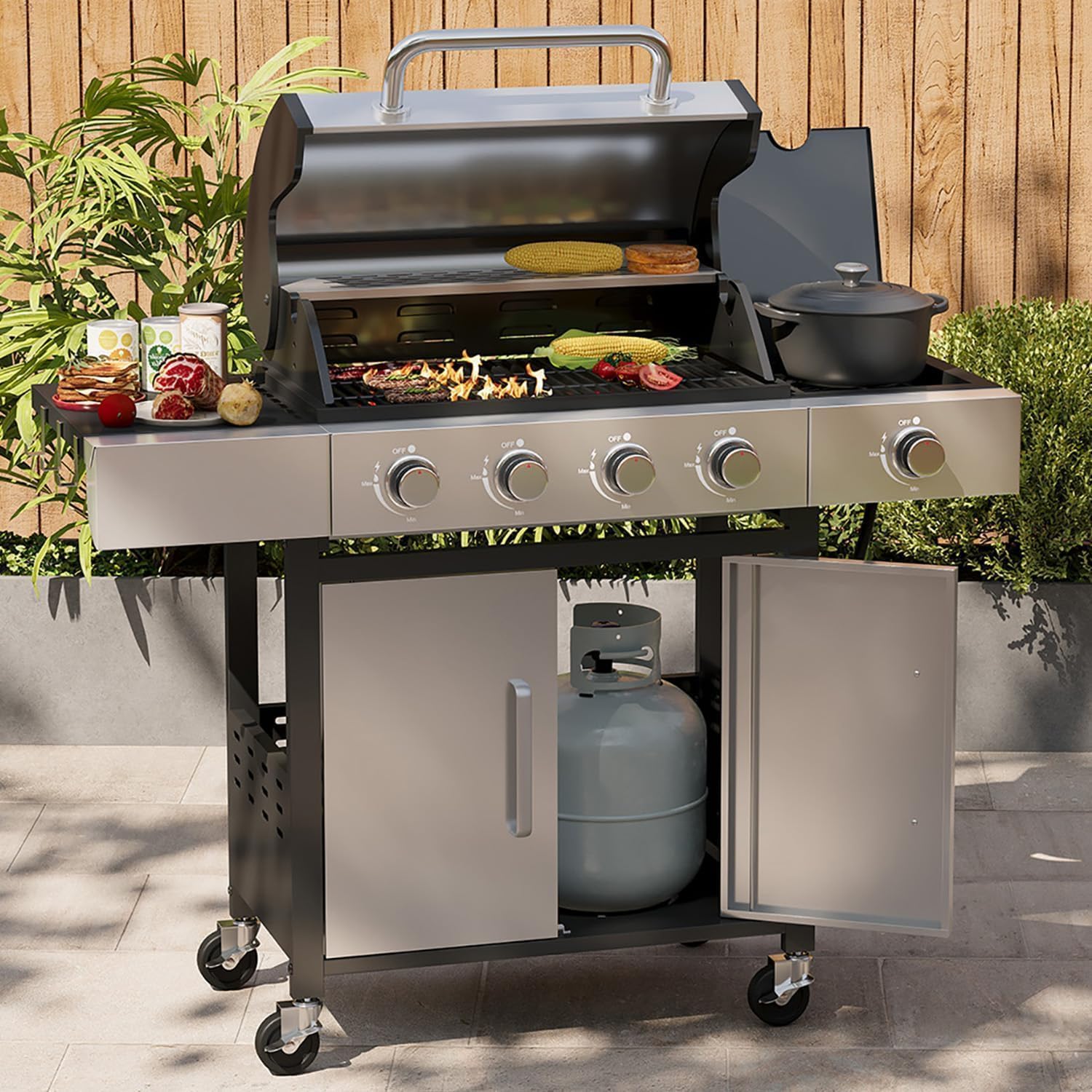 Aoxun 4-Burner 49000 BTU Propane Grill with Side Burner, Black and Silvery
