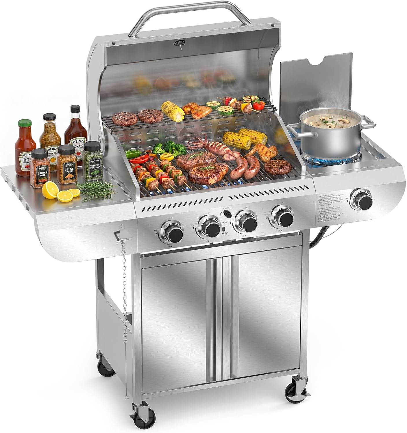Electactic Stainless Steel 4-Burner Gas Grill with Side Burner, 42000BTU Propane BBQ Grill with Thermometer, Heavy-Duty Grill for Outdoor Patio and Backyard Cooking