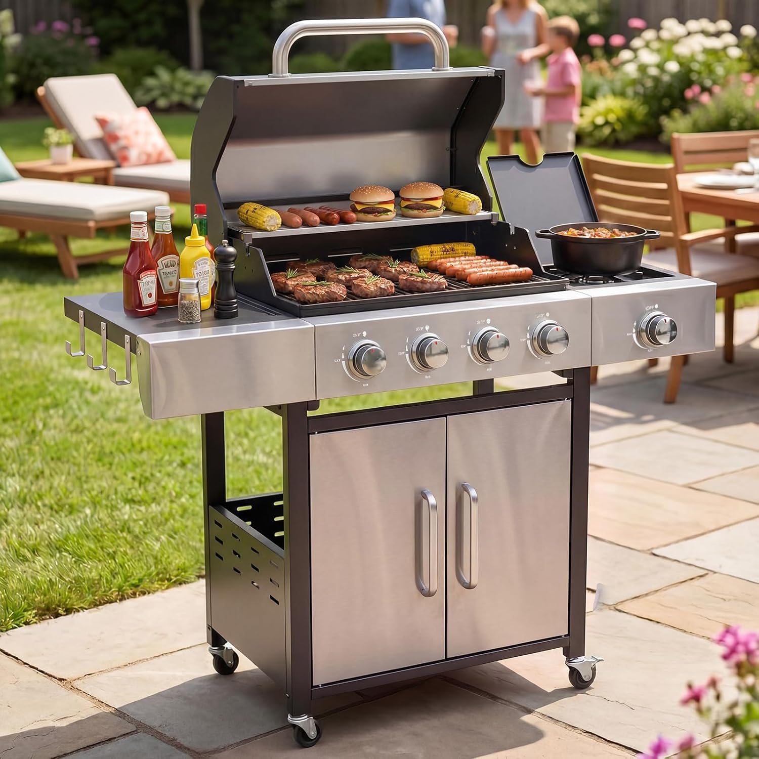 Aoxun 4-Burner 49000 BTU Propane Grill with Side Burner, Black and Silvery